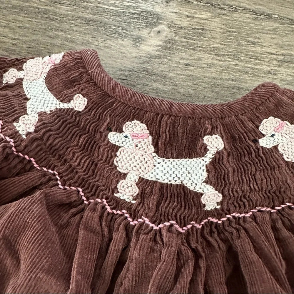 Betti Terell baby girls 24 months Brown Corduroy Smocked Romper Pink Poodle Dogs - Picture 2 of 7